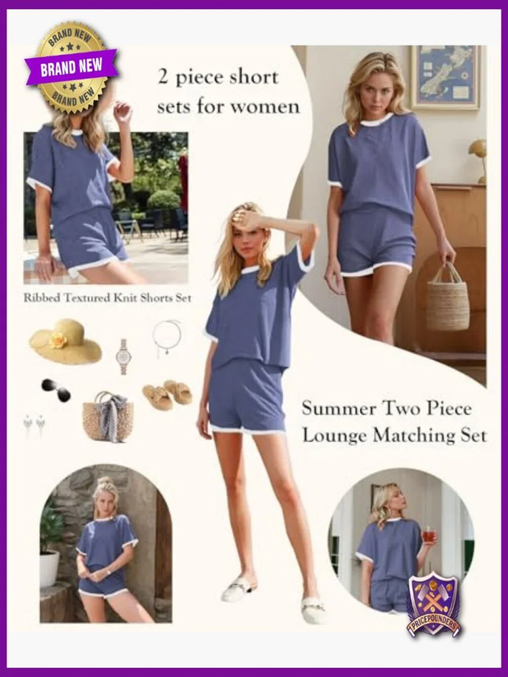 Women 2 Piece Shorts Set Ribbed Lounge Matching Outfit Summer Cruise
